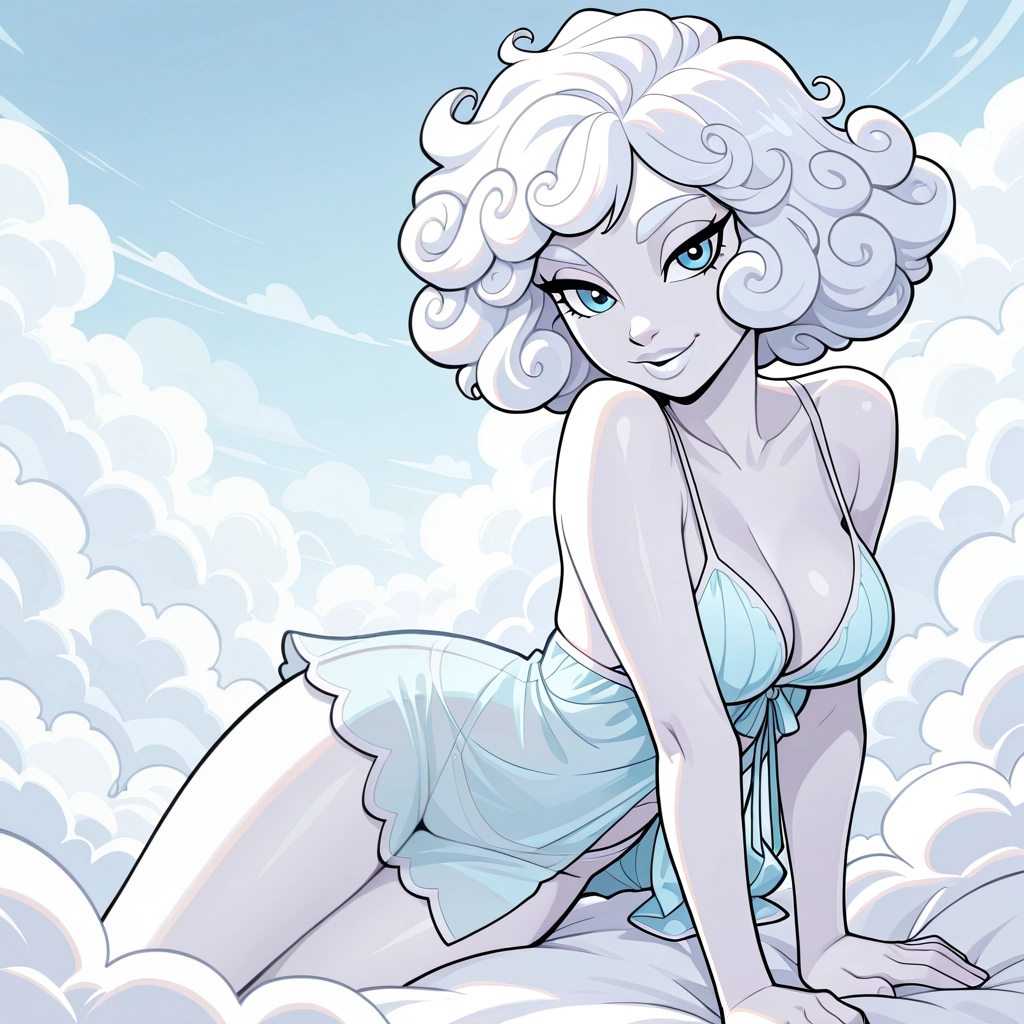 Example image of Gay AI that you can click to copy instantly. Prompt: white skin, cloud hair, short curly hair, white lips, white eyebrows, blue eyes, above clouds, white theme, blue babydol